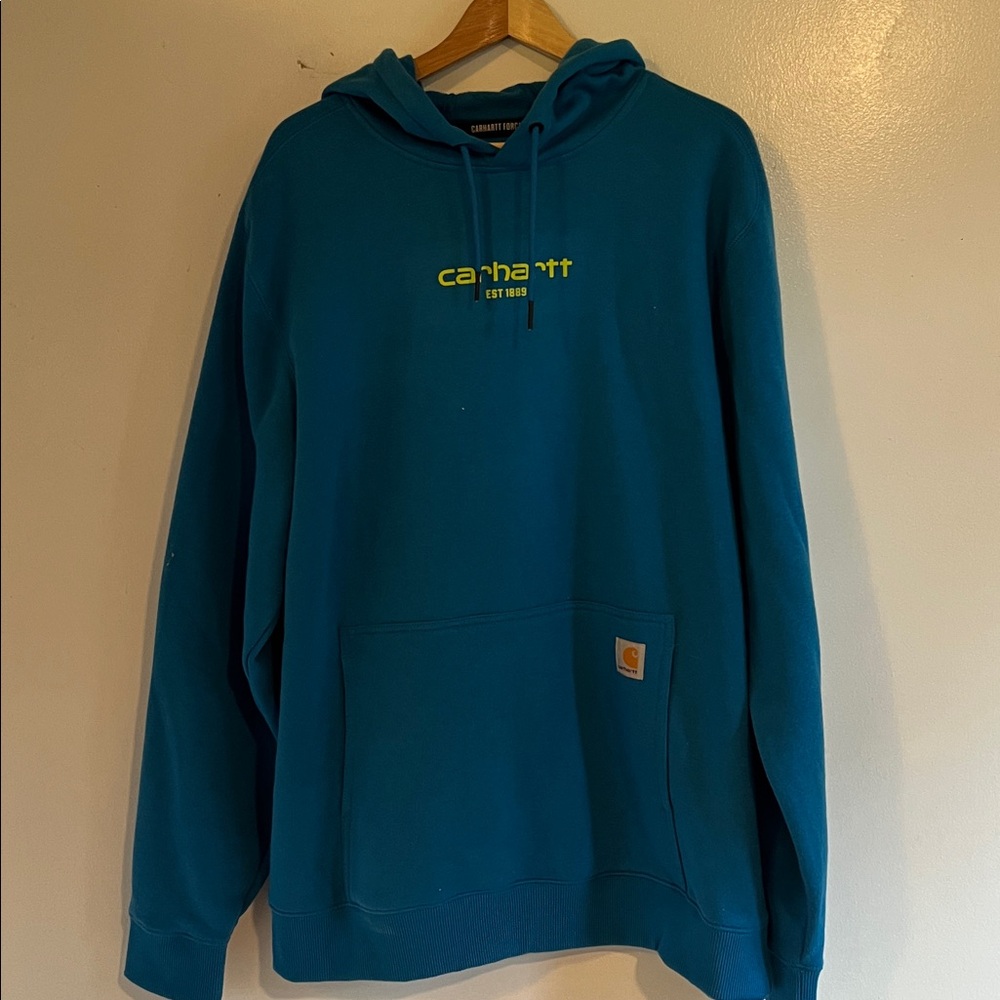 Carhartt Teal Hoodie with Bright Yellow Logo